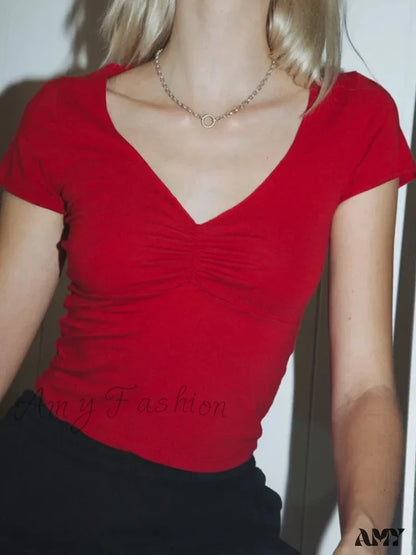 Amy Fashion - Soft Stretchy Fitted V-Neck Tee Seam Bust Crop Top