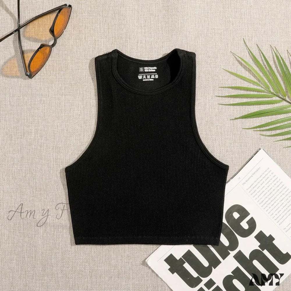 Amy Fashion - Solid Basic Seamless Streetwear Tank Tops Black / S