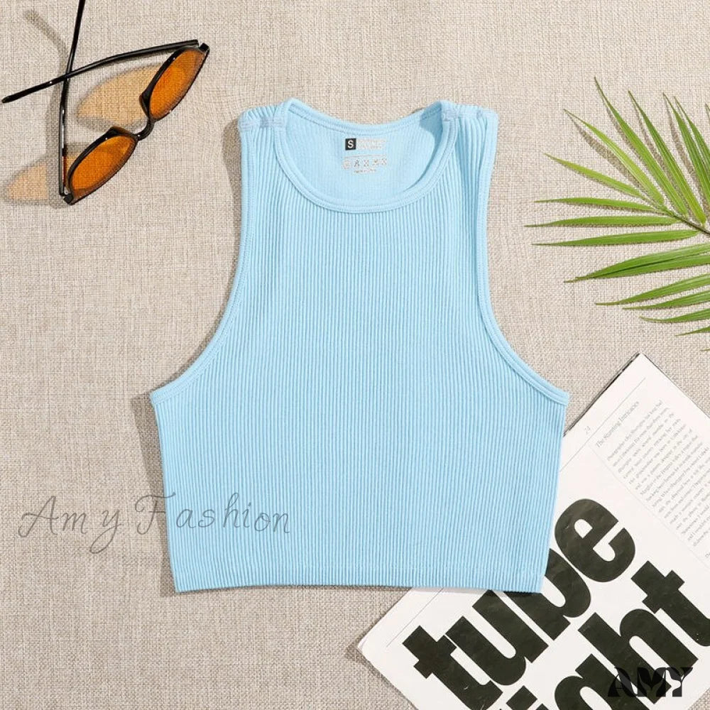 Amy Fashion - Solid Basic Seamless Streetwear Tank Tops Blue / S