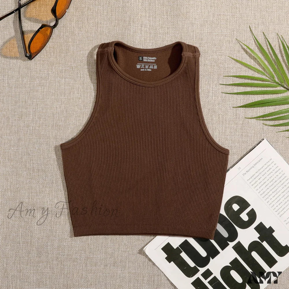 Amy Fashion - Solid Basic Seamless Streetwear Tank Tops Brown / S