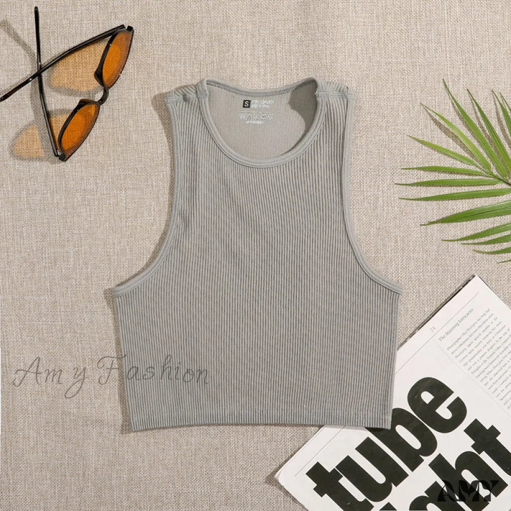 Amy Fashion - Solid Basic Seamless Streetwear Tank Tops Grey / S