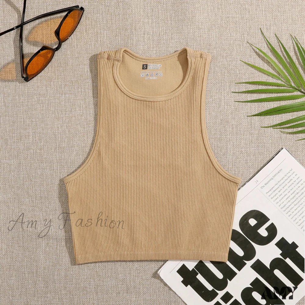 Amy Fashion - Solid Basic Seamless Streetwear Tank Tops Khaki / S