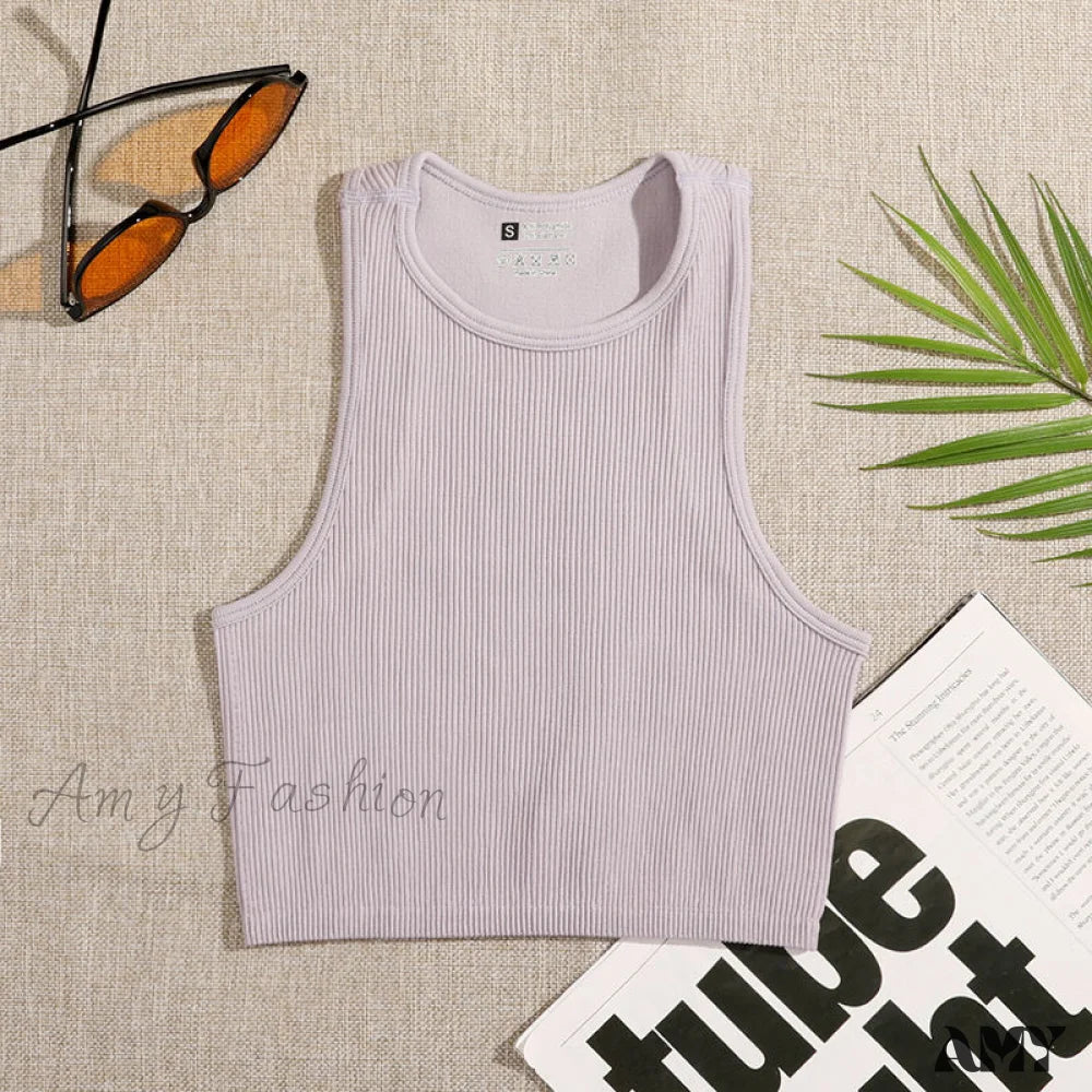 Amy Fashion - Solid Basic Seamless Streetwear Tank Tops Light Purple / S