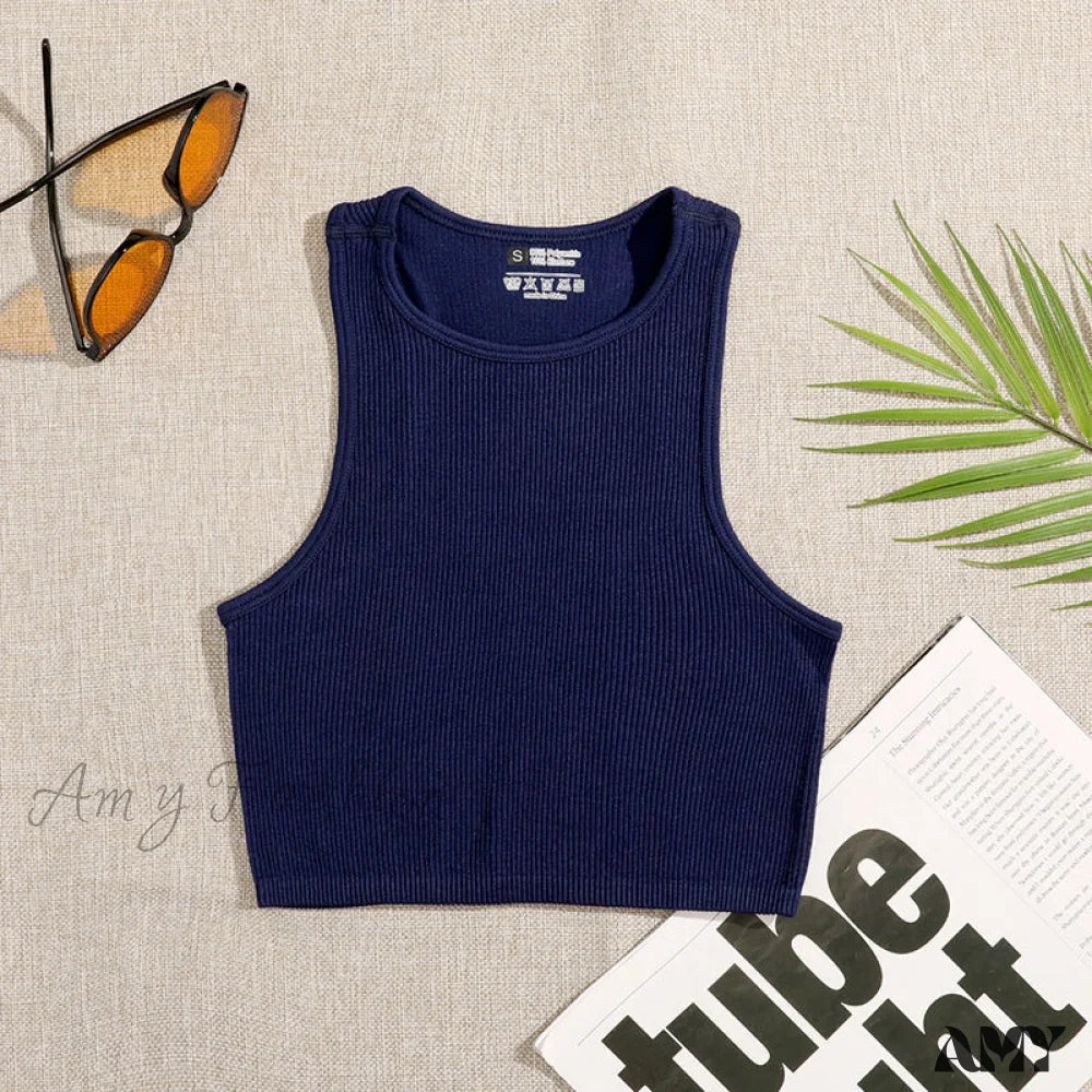 Amy Fashion - Solid Basic Seamless Streetwear Tank Tops Navy / S