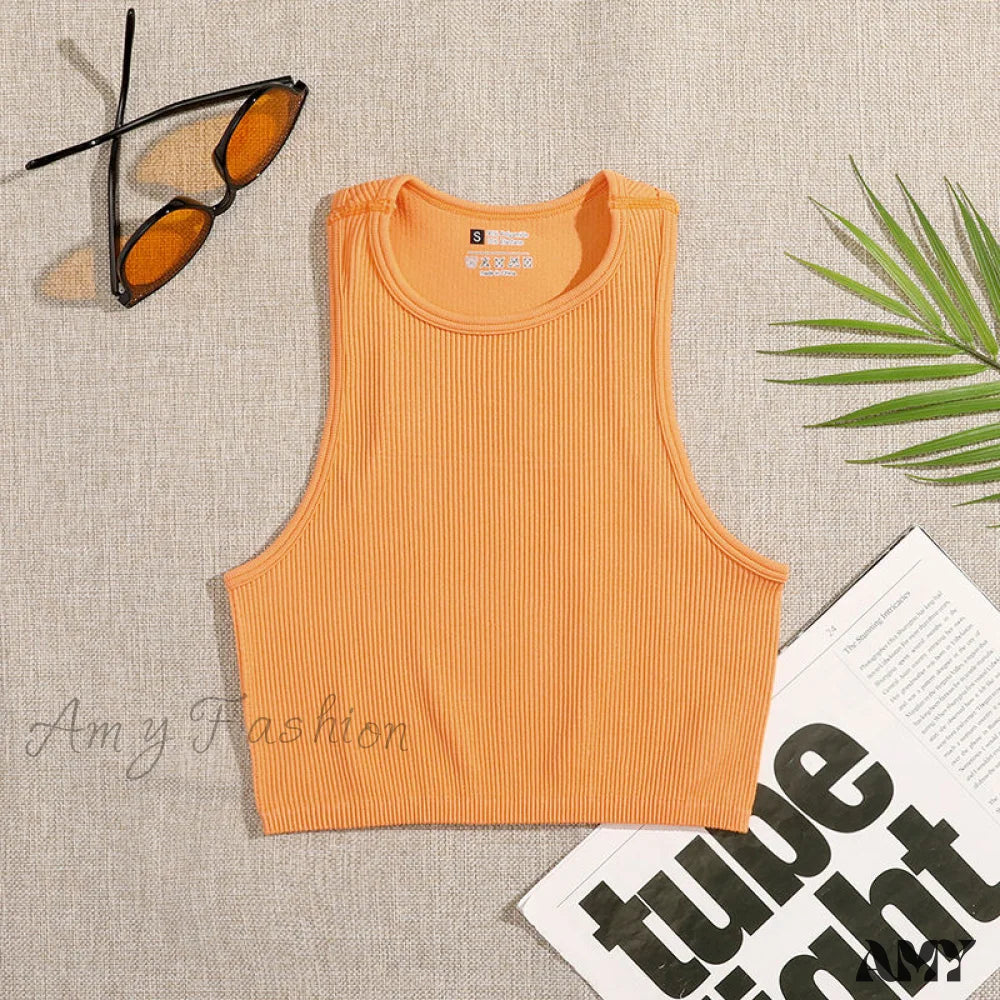 Amy Fashion - Solid Basic Seamless Streetwear Tank Tops Orange / S