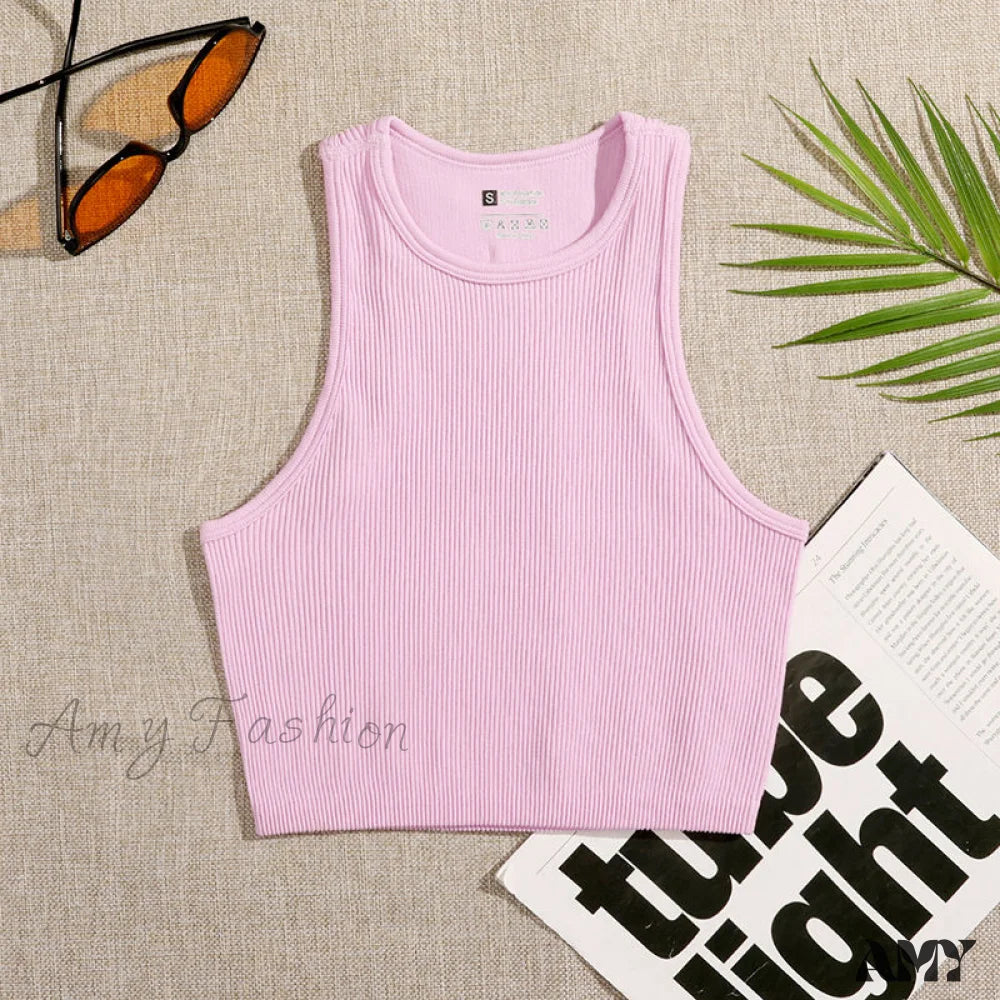 Amy Fashion - Solid Basic Seamless Streetwear Tank Tops Pink / S