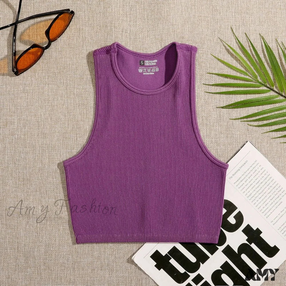 Amy Fashion - Solid Basic Seamless Streetwear Tank Tops Purple / S