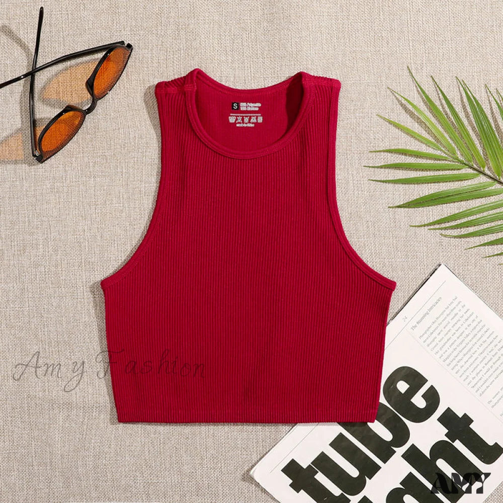 Amy Fashion - Solid Basic Seamless Streetwear Tank Tops Red / S