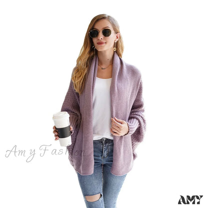 Amy Fashion - Solid Batwing Sleeve Loose-Fitting Long Knitted Cardigan Sweater