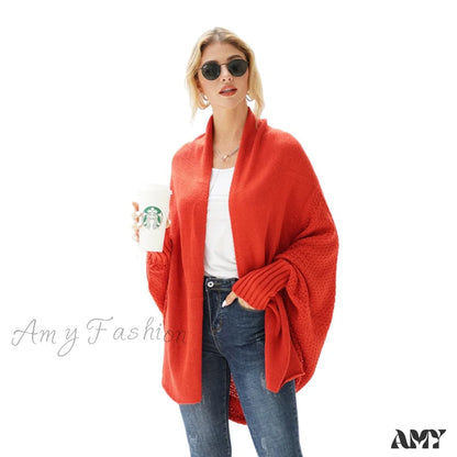 Amy Fashion - Solid Batwing Sleeve Loose-Fitting Long Knitted Cardigan Sweater