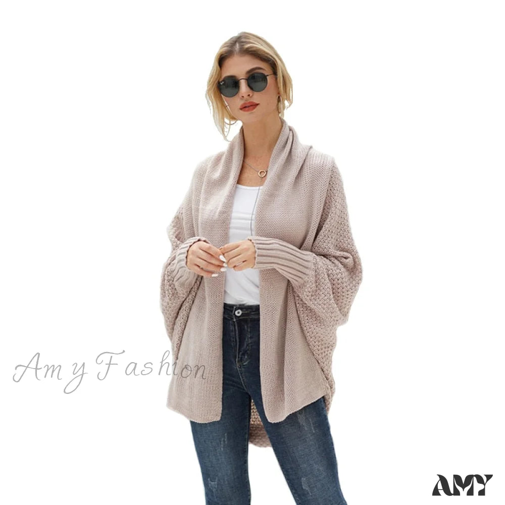 Amy Fashion - Solid Batwing Sleeve Loose-Fitting Long Knitted Cardigan Sweater Khaki / One Size