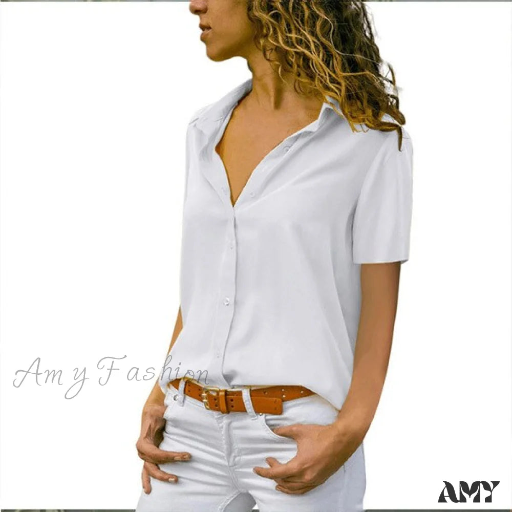 Amy Fashion - Solid Black V-Neck Chiffon Button Blouse White / S