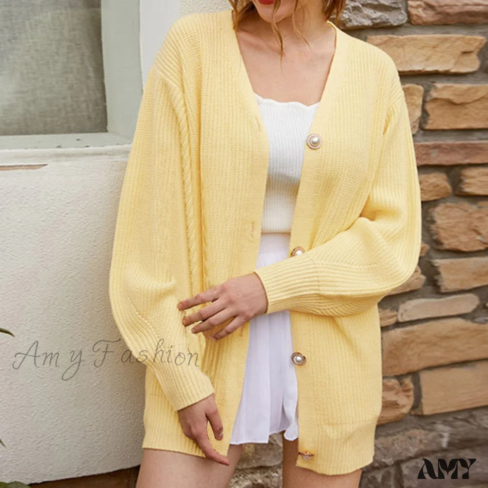 Amy Fashion - Solid Casual Cardigan Womens Cotton Sweaters Yellow / S