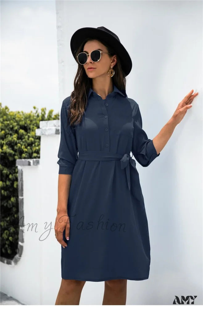 Amy Fashion - Solid Color Button Lapel Sleeve Shirt Dress