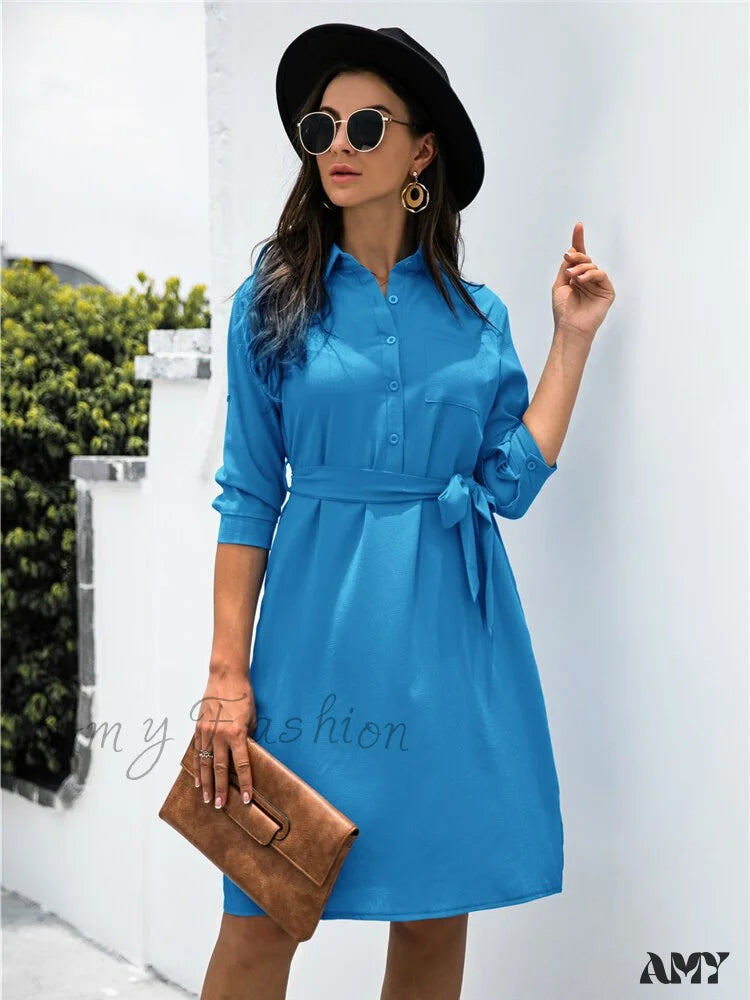 Amy Fashion - Solid Color Button Lapel Sleeve Shirt Dress