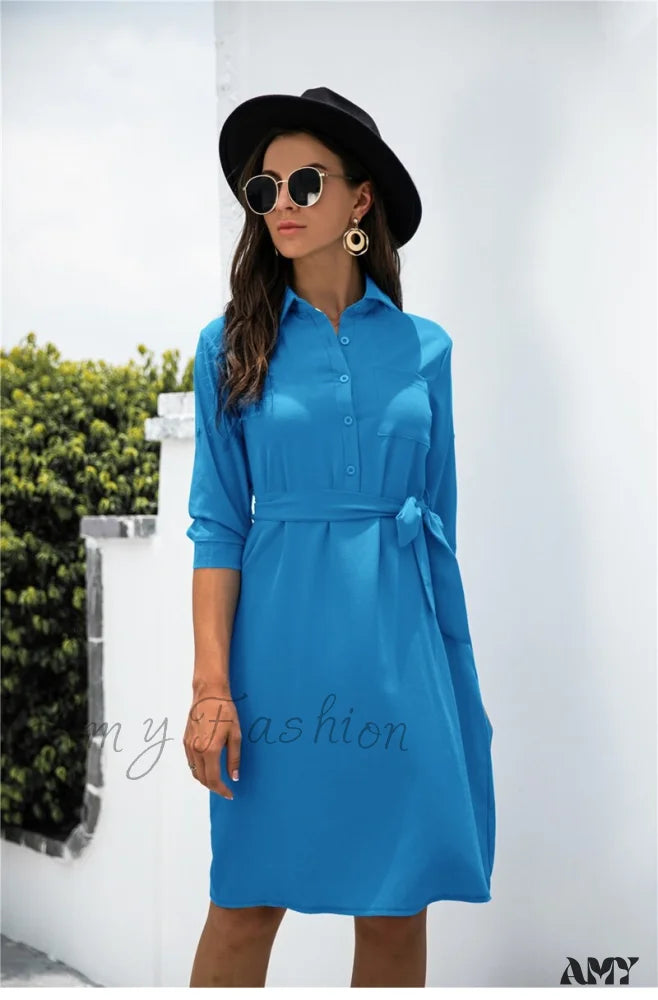 Amy Fashion - Solid Color Button Lapel Sleeve Shirt Dress