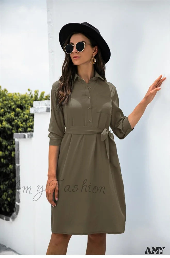 Amy Fashion - Solid Color Button Lapel Sleeve Shirt Dress