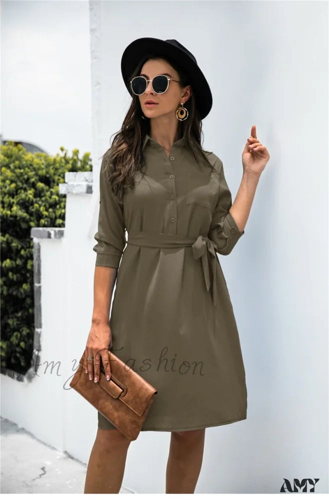 Amy Fashion - Solid Color Button Lapel Sleeve Shirt Dress