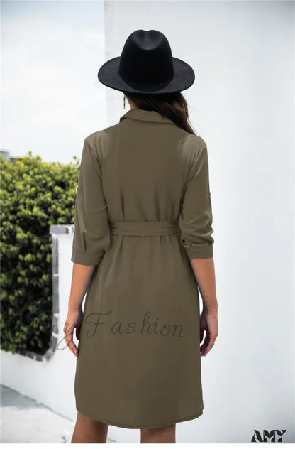 Amy Fashion - Solid Color Button Lapel Sleeve Shirt Dress