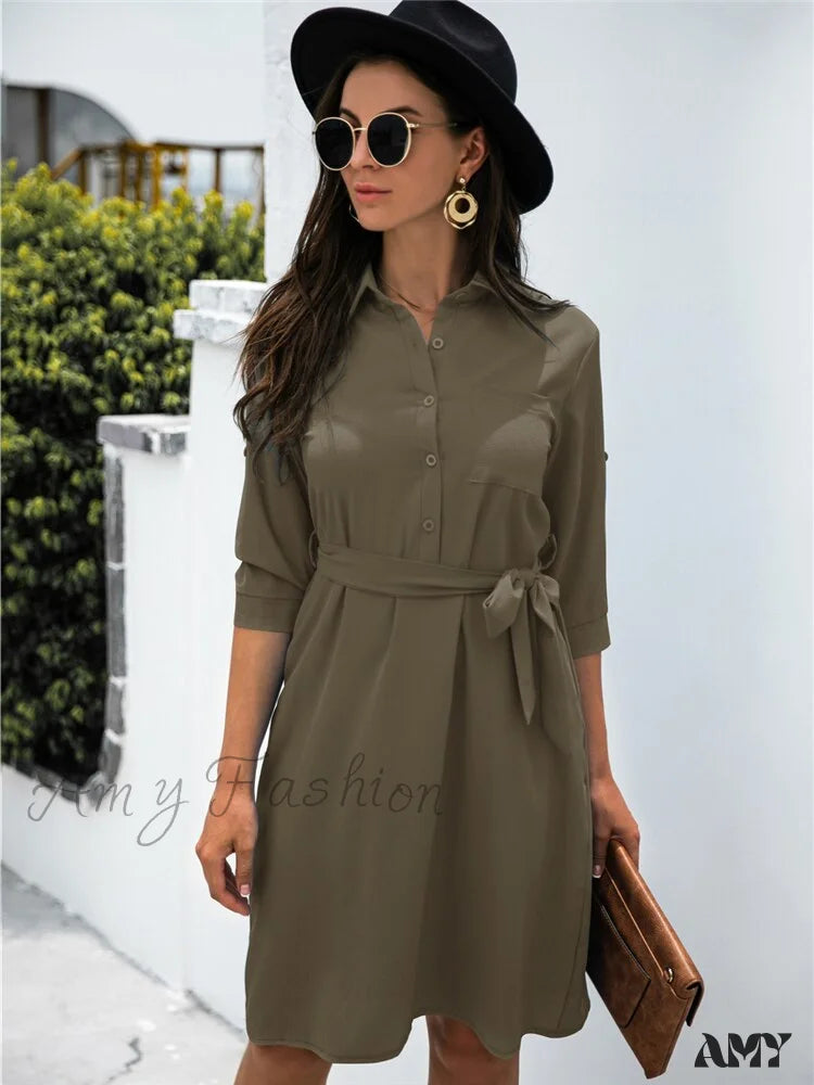 Amy Fashion - Solid Color Button Lapel Sleeve Shirt Dress Army Green / L