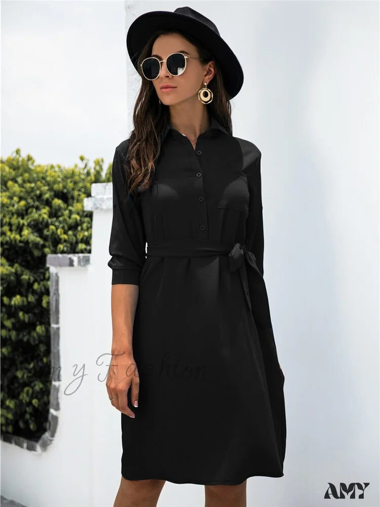 Amy Fashion - Solid Color Button Lapel Sleeve Shirt Dress Black / L