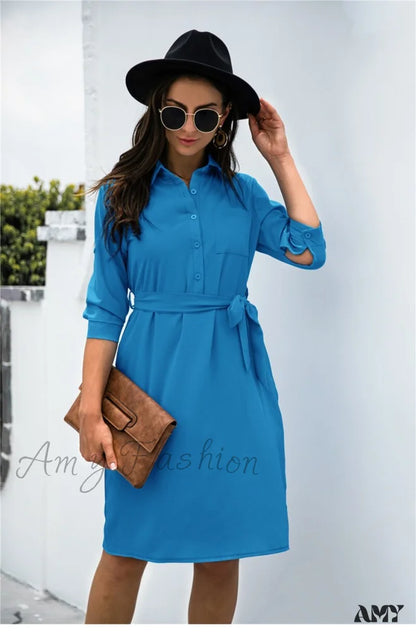 Amy Fashion - Solid Color Button Lapel Sleeve Shirt Dress Blue / L