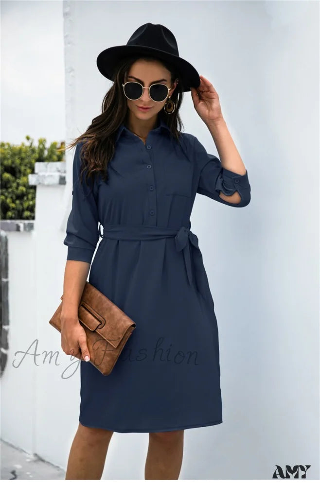 Amy Fashion - Solid Color Button Lapel Sleeve Shirt Dress Navy Blue / L