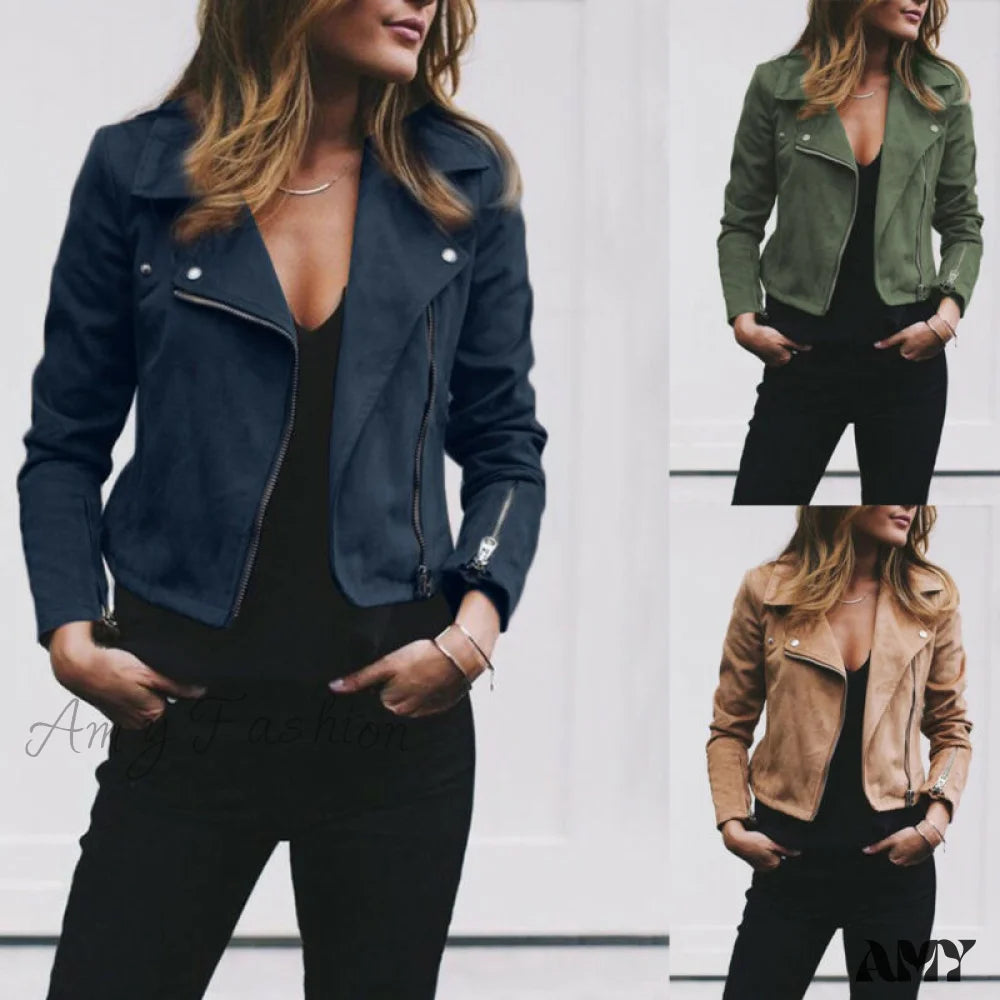 Amy Fashion - Solid Color Cool Zipper Jacket