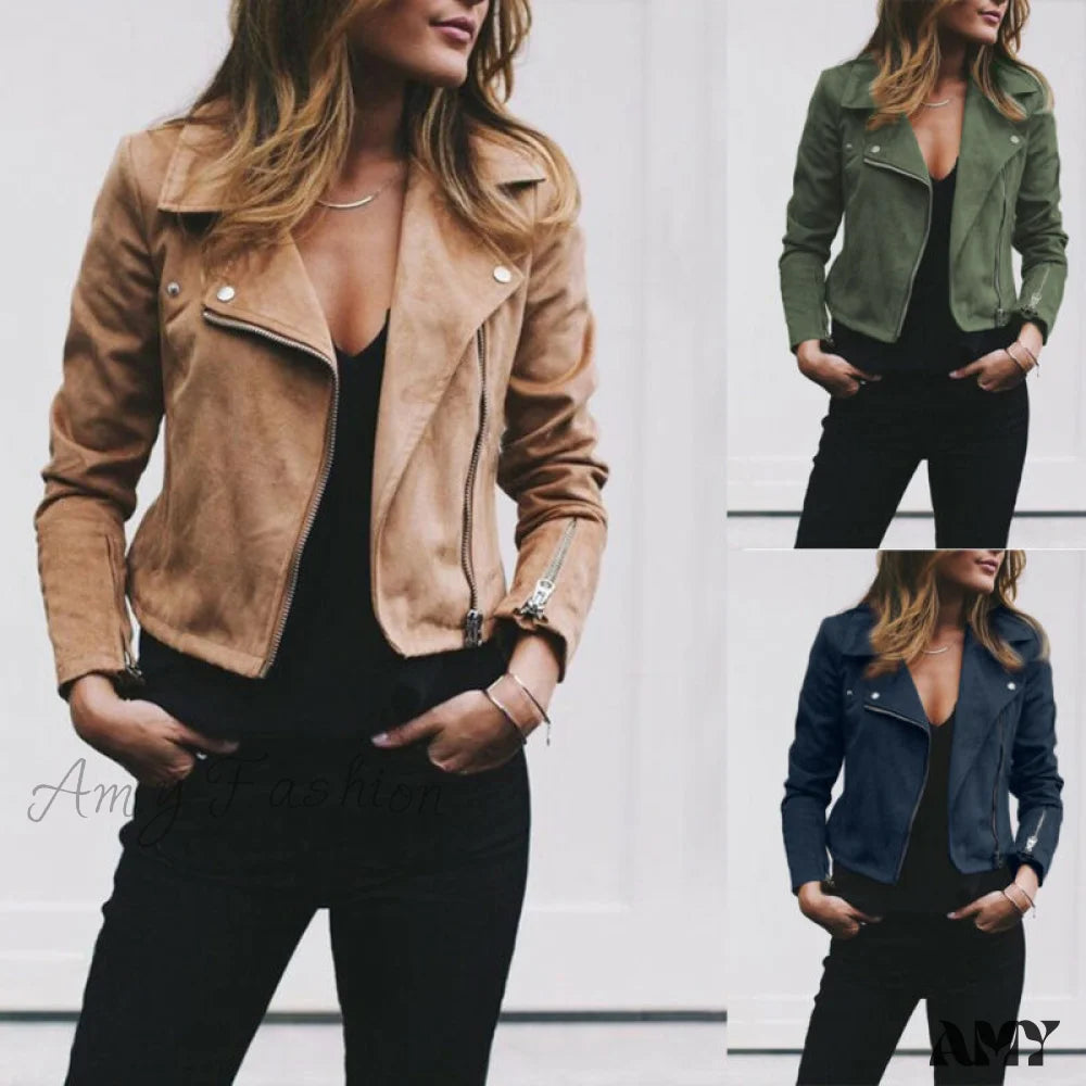 Amy Fashion - Solid Color Cool Zipper Jacket