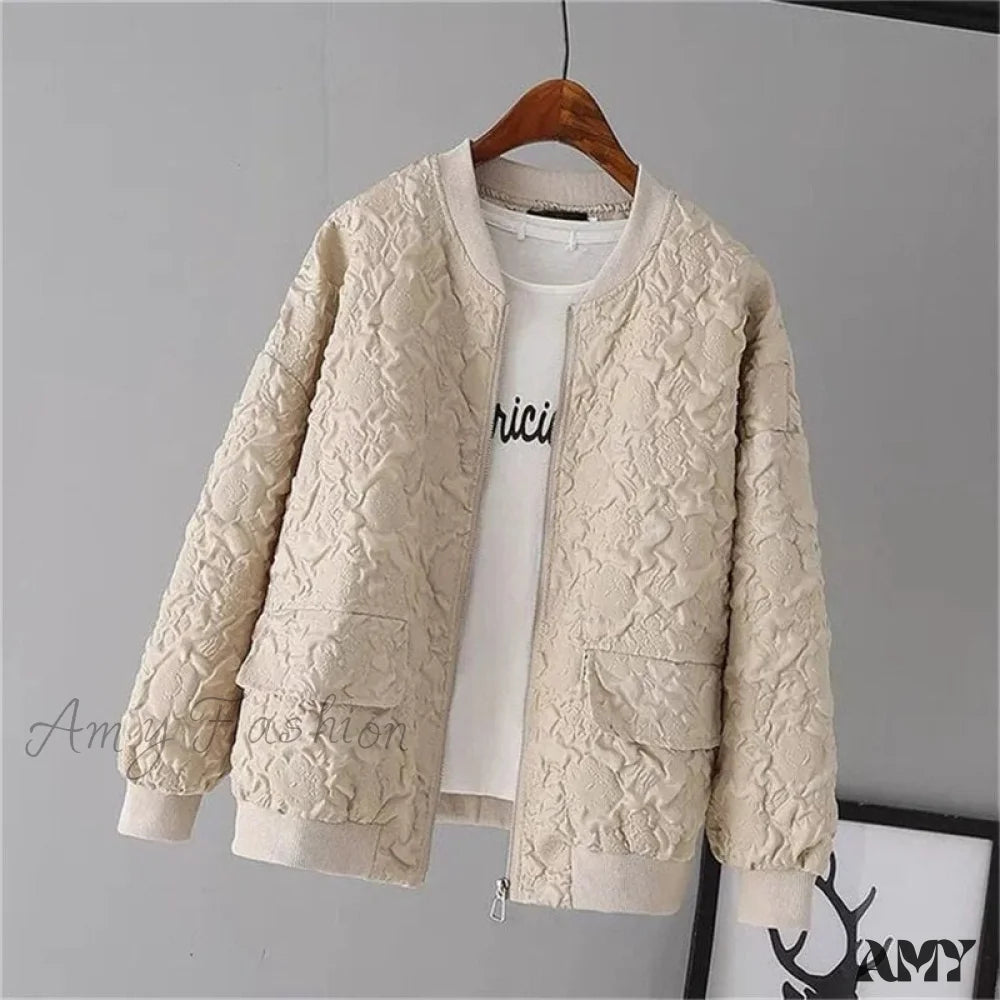 Amy Fashion - Solid Color Ladies Short Baseball Jacket Apricot Lining / S