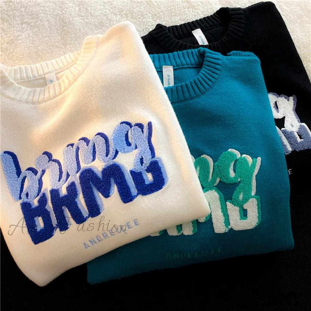 Amy Fashion - Solid Color Letter Print Knitted Pullover Sweater