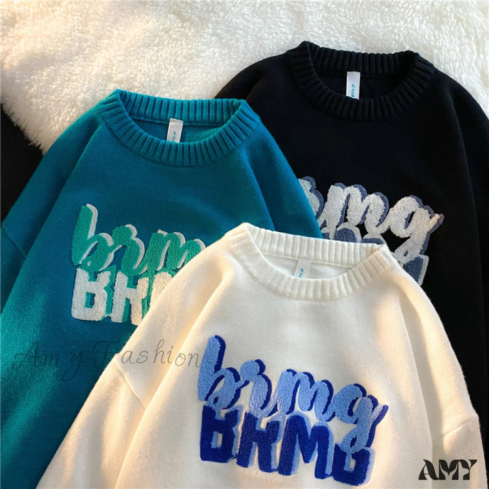 Amy Fashion - Solid Color Letter Print Knitted Pullover Sweater