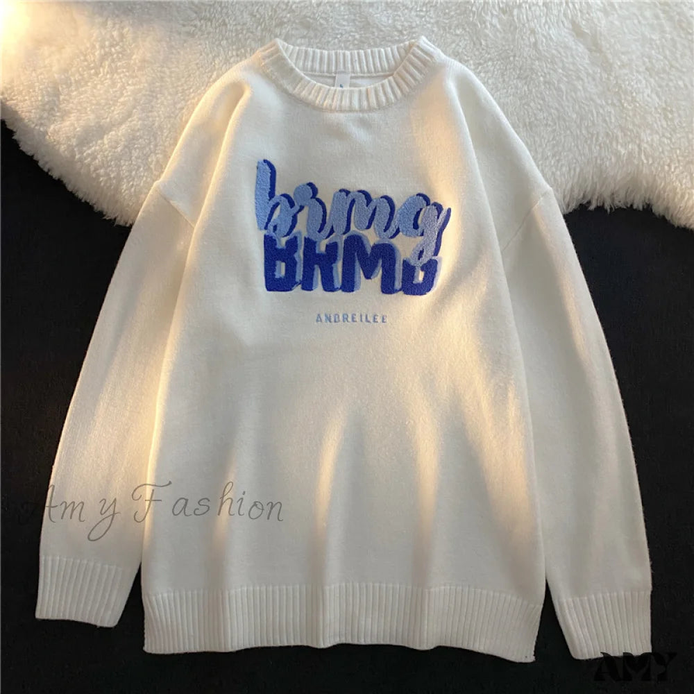 Amy Fashion - Solid Color Letter Print Knitted Pullover Sweater