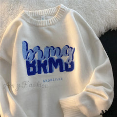 Amy Fashion - Solid Color Letter Print Knitted Pullover Sweater