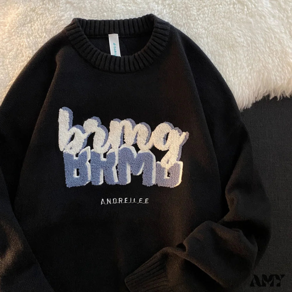 Amy Fashion - Solid Color Letter Print Knitted Pullover Sweater Black / M