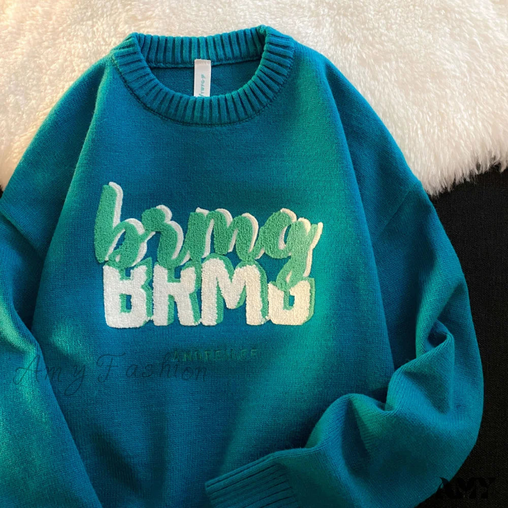 Amy Fashion - Solid Color Letter Print Knitted Pullover Sweater Sky Blue / M