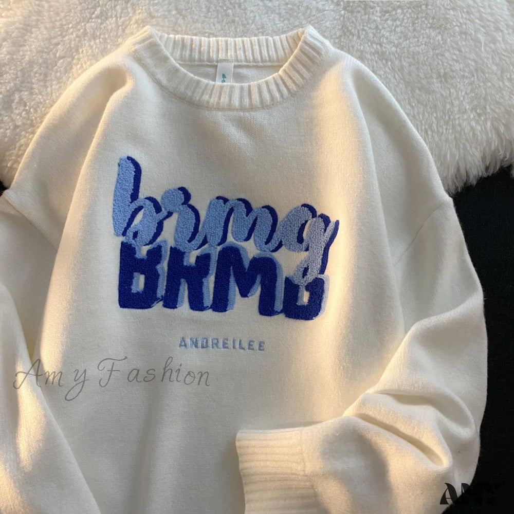 Amy Fashion - Solid Color Letter Print Knitted Pullover Sweater White / M