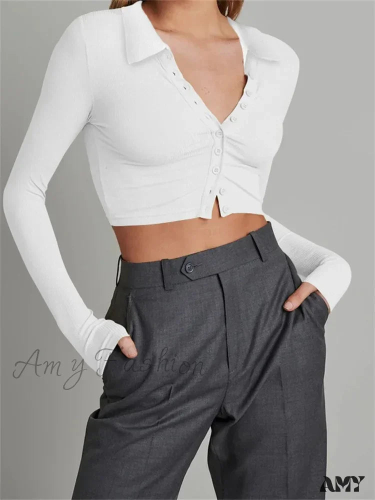 Amy Fashion - Solid Color Long Sleeve Basic Cropped Ribbed T-Shirts