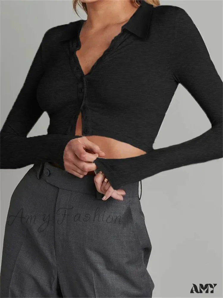 Amy Fashion - Solid Color Long Sleeve Basic Cropped Ribbed T-Shirts