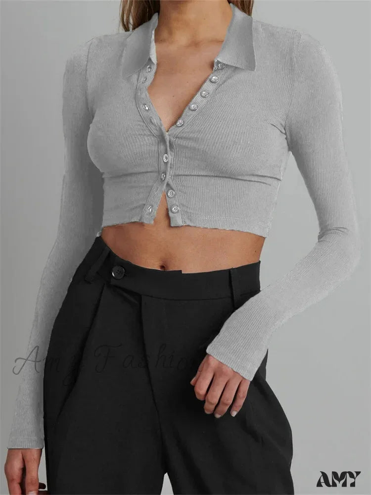 Amy Fashion - Solid Color Long Sleeve Basic Cropped Ribbed T-Shirts Grey / S