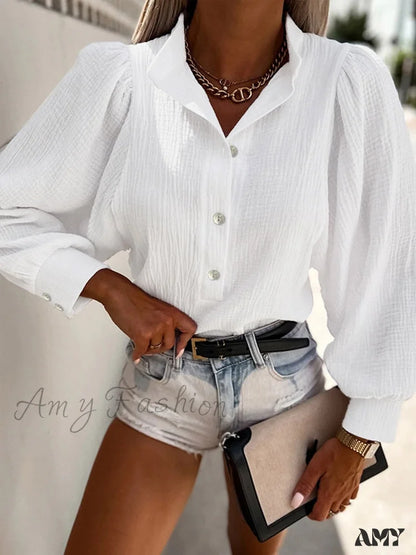 Amy Fashion - Solid Color Long Sleeve Cotton Blouse Button White / S