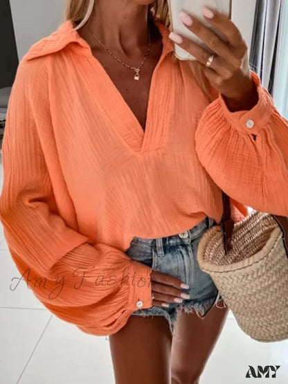 Amy Fashion - Solid Color Long Sleeve Cotton Blouse Orange / S