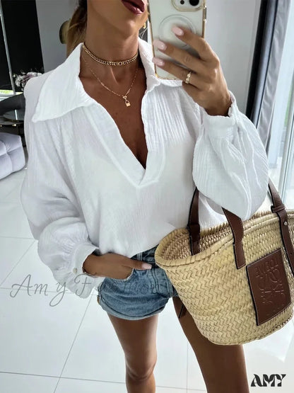 Amy Fashion - Solid Color Long Sleeve Cotton Blouse White / S