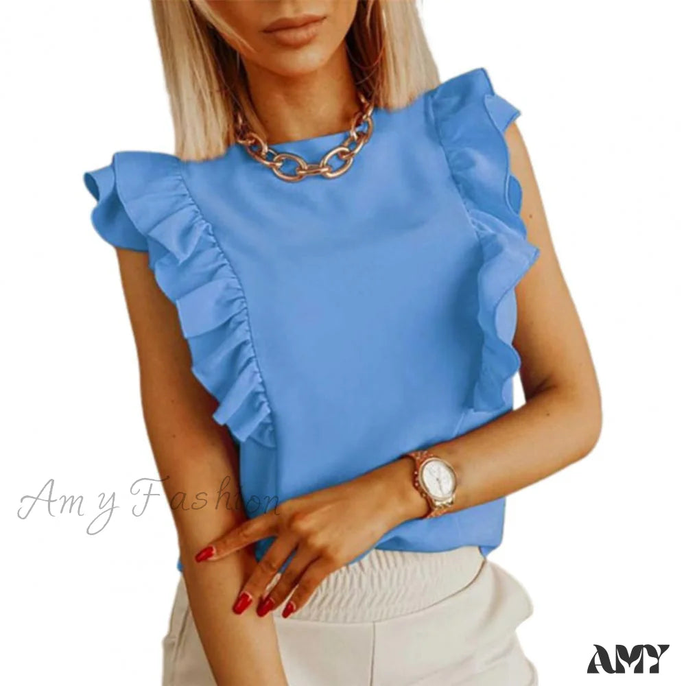 Amy Fashion - Solid Color Ruffle Sleeveless Backless Elegant Blouse