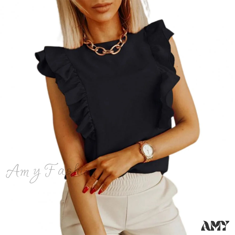 Amy Fashion - Solid Color Ruffle Sleeveless Backless Elegant Blouse