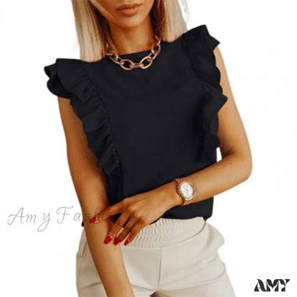 Amy Fashion - Solid Color Ruffle Sleeveless Backless Elegant Blouse Black / S