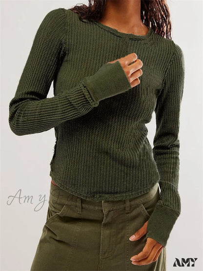 Amy Fashion - Solid Color Slim Fit Ruched Long Sleeve Basic T-Shirts Green / S