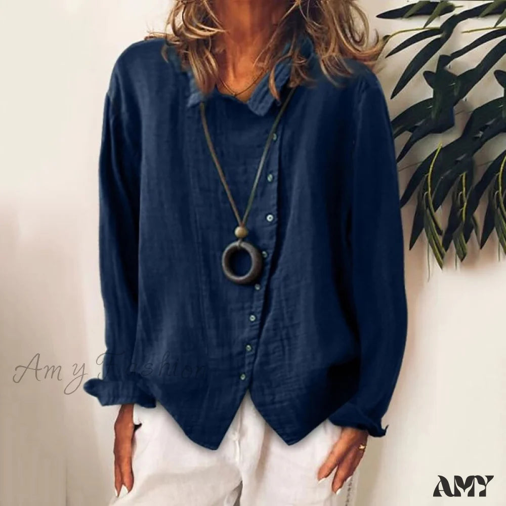 Amy Fashion - Solid Color Temperament Blouse Blue / S