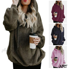 Amy Fashion - Solid Color Zip Up Fluffy Hoodie