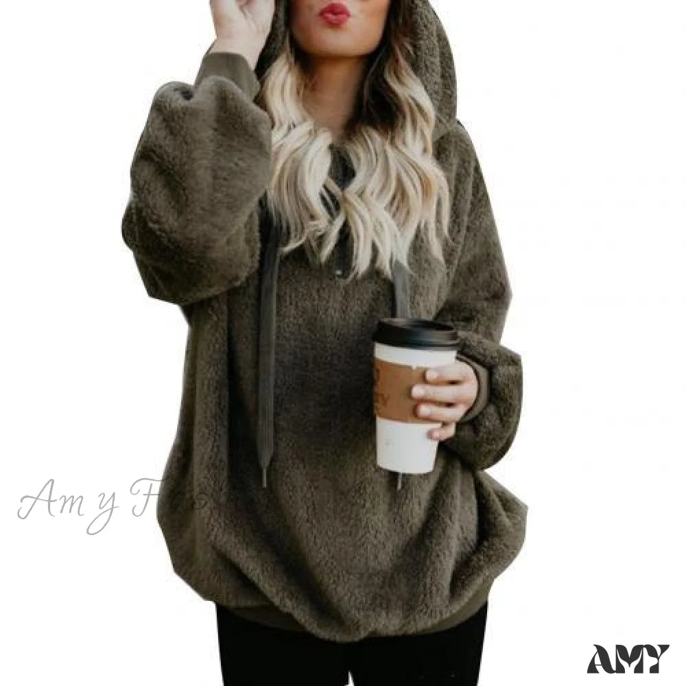 Amy Fashion - Solid Color Zip Up Fluffy Hoodie Army Green / S